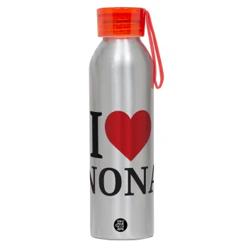 I Love ΝΟΝΑ, Aluminum Sports Bottle 650ml – Silver with Red Cap and Silicone Strap