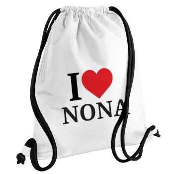 I Love ΝΟΝΑ, Τσάντα πλάτης πουγκί GYMBAG λευκή, με τσέπη (40x48cm) & χονδρά κορδόνια