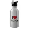 Water bottle Silver with straw, stainless steel 600ml