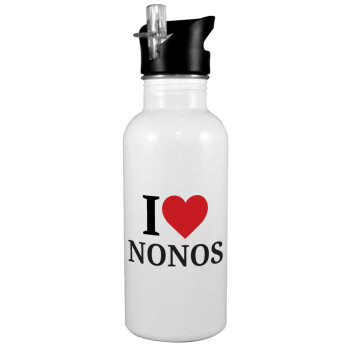 I Love ΝΟΝΟΣ, White water bottle with straw, stainless steel 600ml