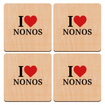 I Love ΝΟΝΟΣ, ΣΕΤ x4 Σουβέρ ξύλινα τετράγωνα plywood (9cm)