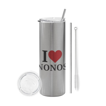 I Love ΝΟΝΟΣ, Eco friendly stainless steel Silver tumbler 600ml, with metal straw & cleaning brush