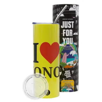 I Love ΝΟΝΟΣ, Neon Yellow Travel Tumbler θερμό, μεταλλικό καλαμάκι(Ανωξείδωτο 304 Food grade, BPA free, 600ml)