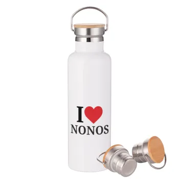 I Love ΝΟΝΟΣ, Μεταλλικό παγούρι θερμός (Stainless steel) Λευκό με ξύλινο καπάκι (bamboo), διπλού τοιχώματος, 750ml