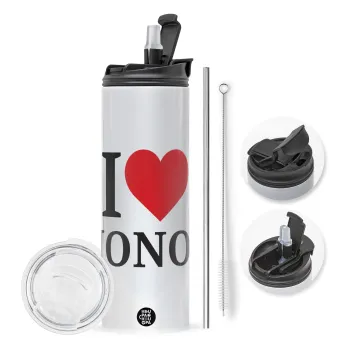 I Love ΝΟΝΟΣ, Travel Tumbler θερμό με διπλό καπάκι, μεταλλικό καλαμάκι και βούρτσα καθαρισμού (Ανωξείδωτο 304 Food grade, BPA free, 600ml)