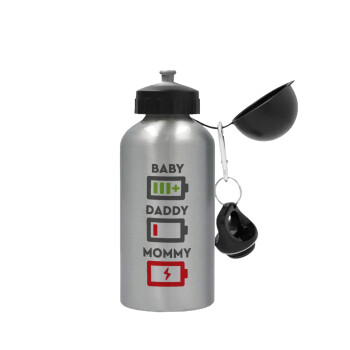 BABY, MOMMY, DADDY Low battery, Metallic water jug, Silver, aluminum 500ml
