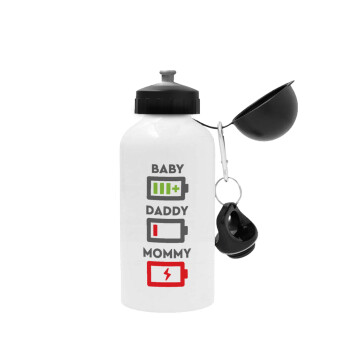 BABY, MOMMY, DADDY Low battery, Metal water bottle, White, aluminum 500ml