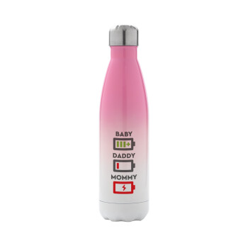 BABY, MOMMY, DADDY Low battery, Metal mug thermos Pink/White (Stainless steel), double wall, 500ml