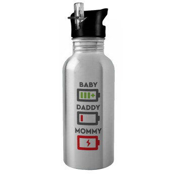 BABY, MOMMY, DADDY Low battery, Water bottle Silver with straw, stainless steel 600ml