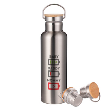 BABY, MOMMY, DADDY Low battery, Stainless steel Silver with wooden lid (bamboo), double wall, 750ml