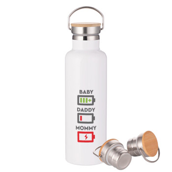 BABY, MOMMY, DADDY Low battery, Μεταλλικό παγούρι θερμός (Stainless steel) Λευκό με ξύλινο καπακι (bamboo), διπλού τοιχώματος, 750ml