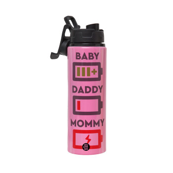 BABY, MOMMY, DADDY Low battery, Μεταλλικό παγούρι νερού με καπάκι ασφαλείας, αλουμινίου 850ml
