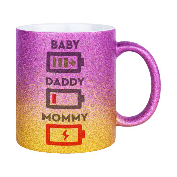 BABY, MOMMY, DADDY Low battery, Κούπα Χρυσή/Ροζ Glitter, κεραμική, 330ml