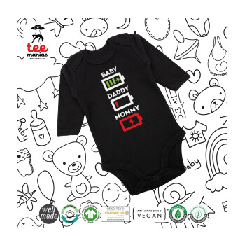 BABY, MOMMY, DADDY Low battery, Μακρυμάνικο βρεφικό φορμάκι, 0-18 μηνών, ΜΑΥΡΟ, 100% Organic Cotton