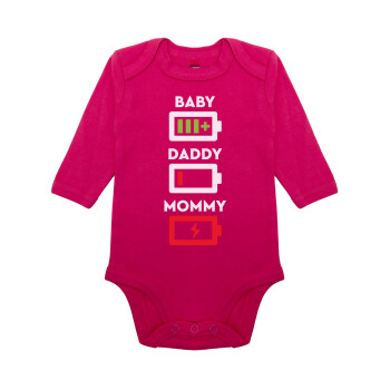 BABY, MOMMY, DADDY Low battery, Μακρυμάνικο βρεφικό φορμάκι, 0-18 μηνών, ΡΟΖ, 100% Organic Cotton