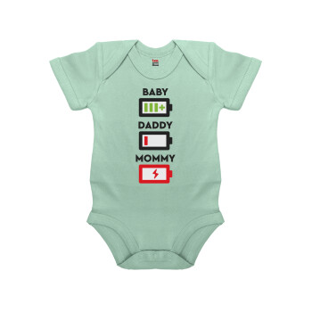 BABY, MOMMY, DADDY Low battery, Βρεφικό φορμάκι μωρού, 0-18 μηνών, mint (Μέντα), 100% Organic Cotton, κοντομάνικο
