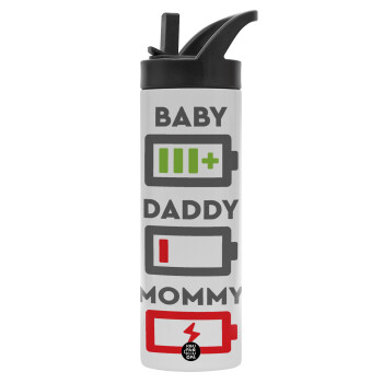 BABY, MOMMY, DADDY Low battery, Μεταλλικό παγούρι θερμός με καλαμάκι & χειρολαβή, ανοξείδωτο ατσάλι (Stainless steel 304), διπλού τοιχώματος, 600ml