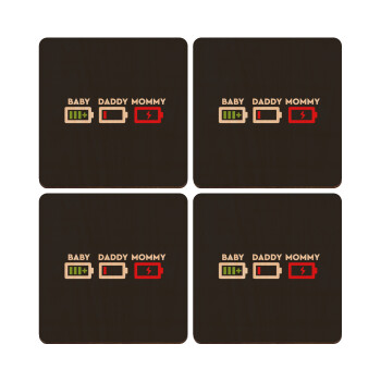 BABY, MOMMY, DADDY Low battery, ΣΕΤ x4 Σουβέρ ξύλινα τετράγωνα plywood (9cm)