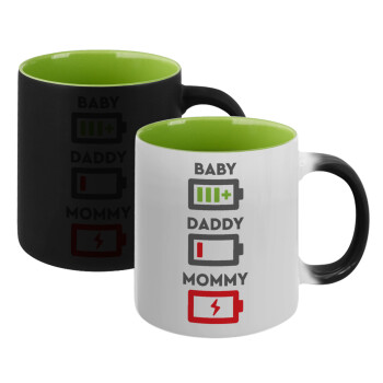 BABY, MOMMY, DADDY Low battery, Κούπα Μαγική εσωτερικό πράσινο, κεραμική 330ml που αλλάζει χρώμα με το ζεστό ρόφημα