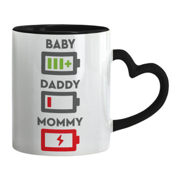 BABY, MOMMY, DADDY Low battery, Mug heart black handle, ceramic, 330ml