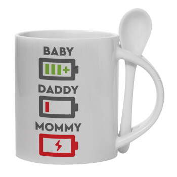 BABY, MOMMY, DADDY Low battery, Κούπα, κεραμική με κουταλάκι, 330ml (1 τεμάχιο)