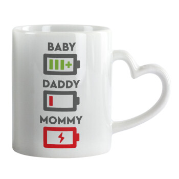 BABY, MOMMY, DADDY Low battery, Mug heart handle, ceramic, 330ml
