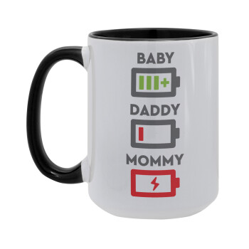 BABY, MOMMY, DADDY Low battery, Κούπα Mega 15oz, κεραμική Μαύρη, 450ml