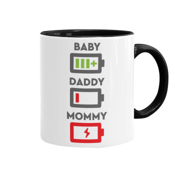 BABY, MOMMY, DADDY Low battery, Κούπα χρωματιστή μαύρη, κεραμική, 330ml