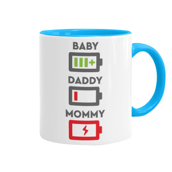BABY, MOMMY, DADDY Low battery, Mug colored light blue, ceramic, 330ml