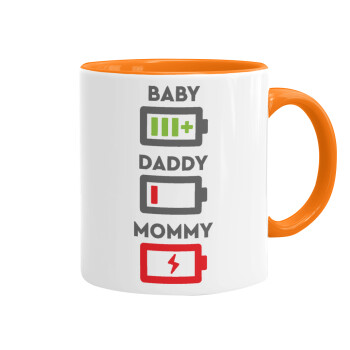 BABY, MOMMY, DADDY Low battery, Κούπα χρωματιστή πορτοκαλί, κεραμική, 330ml