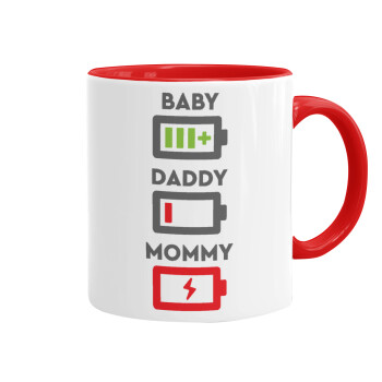 BABY, MOMMY, DADDY Low battery, Κούπα χρωματιστή κόκκινη, κεραμική, 330ml