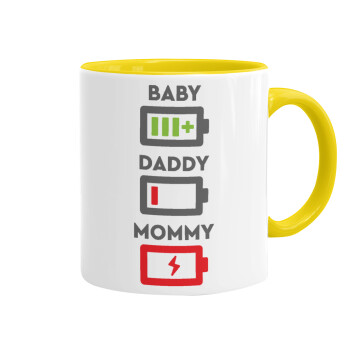 BABY, MOMMY, DADDY Low battery, Κούπα χρωματιστή κίτρινη, κεραμική, 330ml
