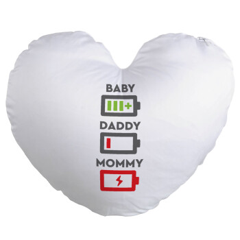 BABY, MOMMY, DADDY Low battery, Μαξιλάρι καναπέ καρδιά 40x40cm περιέχεται το  γέμισμα