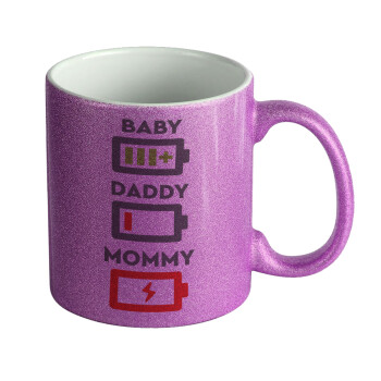 BABY, MOMMY, DADDY Low battery, Κούπα Μωβ Glitter που γυαλίζει, κεραμική, 330ml
