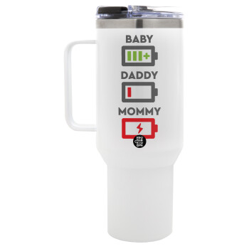 BABY, MOMMY, DADDY Low battery, Mega Stainless steel Tumbler with lid, double wall 1,2L