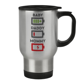 BABY, MOMMY, DADDY Low battery, Stainless steel travel mug with lid, double wall 450ml