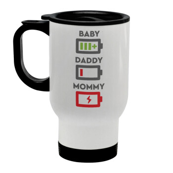 BABY, MOMMY, DADDY Low battery, Stainless steel travel mug with lid, double wall white 450ml