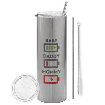BABY, MOMMY, DADDY Low battery, Eco friendly ποτήρι θερμό Ασημένιο (tumbler) από ανοξείδωτο ατσάλι 600ml, με μεταλλικό καλαμάκι & βούρτσα καθαρισμού