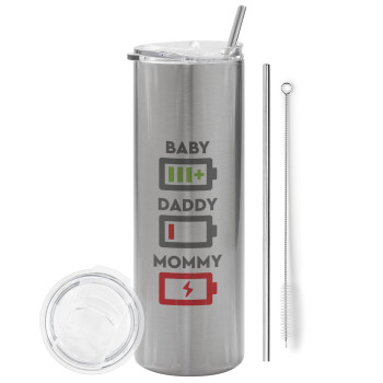 BABY, MOMMY, DADDY Low battery, Tumbler stainless steel Silver 600ml, with metal straw & cleaning brush