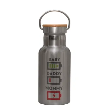BABY, MOMMY, DADDY Low battery, Stainless steel metallic thermos flask, silver with a bamboo lid, double-walled, 350ml.