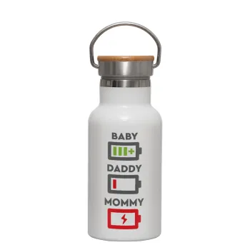 BABY, MOMMY, DADDY Low battery, Μεταλλικό παγούρι θερμός (Stainless steel) Λευκό με ξύλινο καπακι (bamboo), διπλού τοιχώματος, 350ml