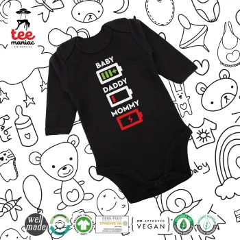 BABY, MOMMY, DADDY Low battery, Μακρυμάνικο βρεφικό φορμάκι, 0-18 μηνών, ΜΑΥΡΟ, 100% Organic Cotton