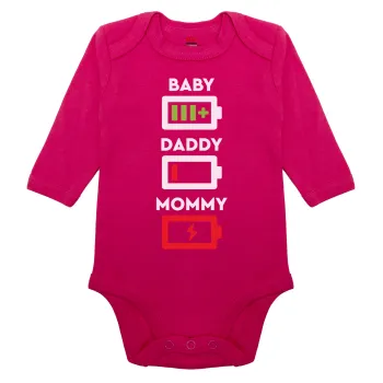 BABY, MOMMY, DADDY Low battery, Μακρυμάνικο βρεφικό φορμάκι, 0-18 μηνών, ΡΟΖ, 100% Organic Cotton