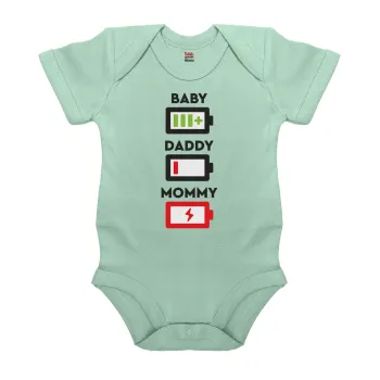 BABY, MOMMY, DADDY Low battery, Βρεφικό φορμάκι μωρού, 0-18 μηνών, mint (Μέντα), 100% Organic Cotton, κοντομάνικο