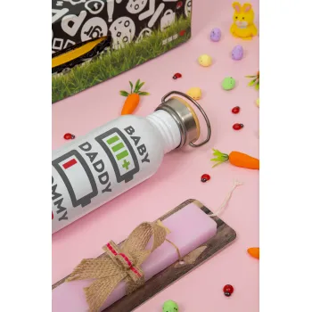 BABY, MOMMY, DADDY Low battery, Πασχαλινή Λαμπάδα με παγούρι μεταλλικό (620ml, stainless steel) & κερί αρωματικό πλακέ (30cm) (ΡΟΖ)