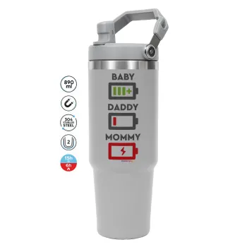 BABY, MOMMY, DADDY Low battery, GREY color, 890ml (30oz) stainless Steel Tumbler with Handle