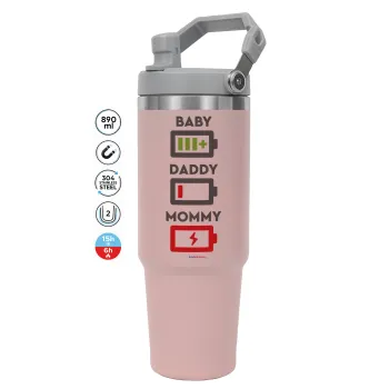 BABY, MOMMY, DADDY Low battery, Pink color, 890ml (30oz) stainless Steel Tumbler with Handle