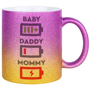 BABY, MOMMY, DADDY Low battery, Κούπα Χρυσή/Ροζ Glitter, κεραμική, 330ml