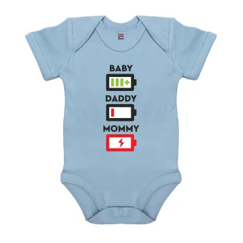 BABY, MOMMY, DADDY Low battery, Βρεφικό φορμάκι μωρού, 0-18 μηνών, Μπλε, 100% Organic Cotton, κοντομάνικο