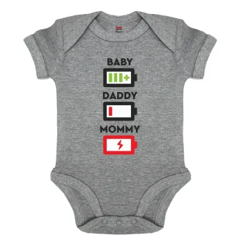BABY, MOMMY, DADDY Low battery, Βρεφικό φορμάκι μωρού, 0-18 μηνών, ΓΚΡΙ ΜΕΛΑΝΖΕ, 100% Organic Cotton, κοντομάνικο